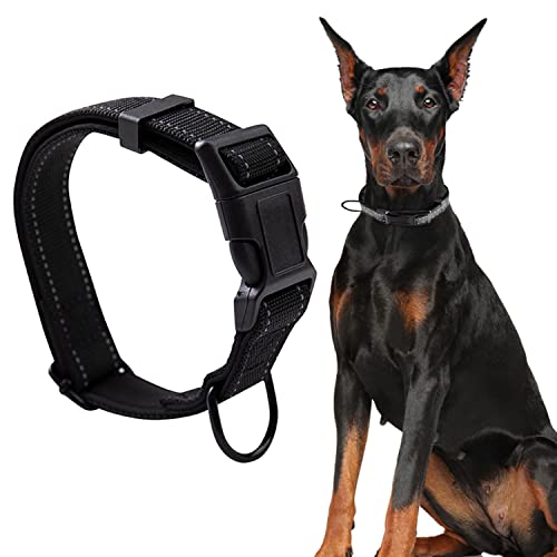 Qpets® Reflective Strong Dog Collar for Medium Large Dogs, Nylon Tactical Dogs Collar with Reflective Safety Strip Leash Ring, Dog Training Collar Quick Release Buckle(L, 18.9''-23.2'')