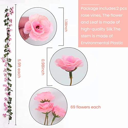 HASTHIP® Artificial Rose Flowers Vine Garland, 1.8m Fake Artificial Flower Hanging Rose Ivy Flowers Garland Ornament for Door, Room, Garden, Wedding Decroation, Pink