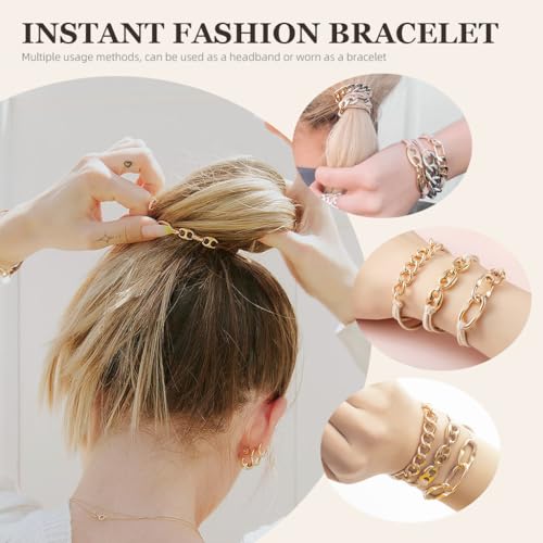 MAYCREATE 3Pcs Hair Ties for Women Golden Metal Loop Chain Charm Hair Bands Hair Elastics Hair Ties for Girls Chic Women Wristband Fashion Piece Headpiece Gift for Girls