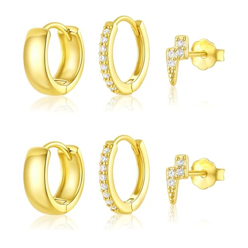 SANNIDHI® 3 Pairs Earrings Ear Studs for Girls Women Golden Minimalist Earrings Loop Earrings Chic Rhinestone Light-ning Bolt Ear Studs Jewelry Gift for Women Girls
