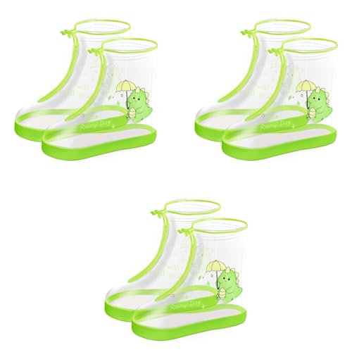 SNOWIE SOFT® Clear Rain Shoe Covers for Kids Zip-up High Top Anti-slip One-piece EVA Sole Design Cartoon Dinosaur S 22.5cm Sole Length 3PCS