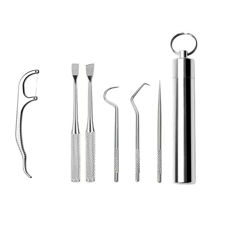 MAYCREATE® Dental Tools, 6 in 1 Stainless Steel Teeth Cleaning Tool Kit, Stainless Steel Toothpicks Teeth Cleaning Picks Flosser for Teeth Braces Cleaning Tools Reuseable Toothpicks