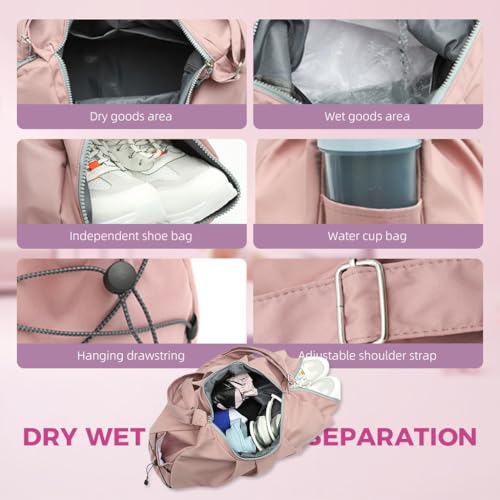 PALAY® Women Gym Bag Fashion Nylon with Shoe Compartment Duffle Travel Shoulder Multifunctional Waterproof Day Pack Adjustable Strap Pink 2 PCS