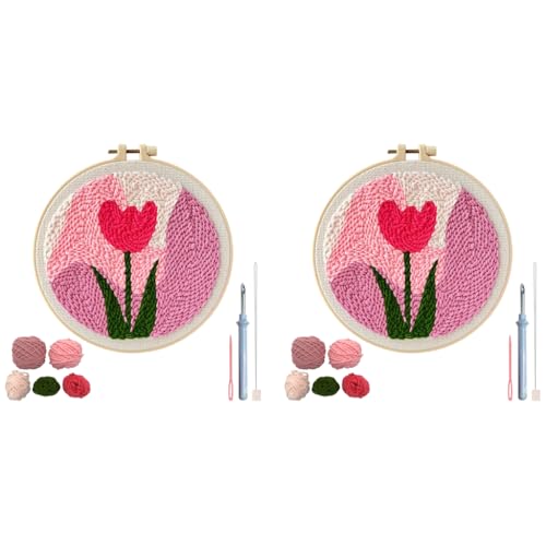PATPAT® DIY Punch Needle Art Kit Beginners Starry Night with Embroidery Needles Tutorial 20x20cm Embroidery Hoop 2PCS