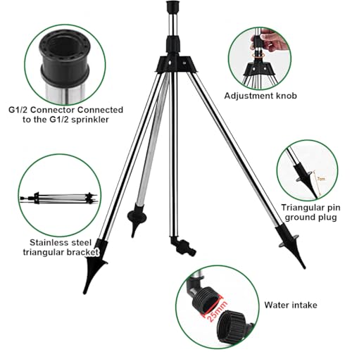 ORTIZA Garden Rotating Water Sprinkler - Universal Metal Sprinkler Nozzle with Stainless Steel Tripod - Mobile 360° Adjustable Garden Irrigation System - Water Sprinkler for Garden Lawn, Flower Bed