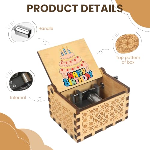 PATPAT® Retro Wooden Hand Crank Music Box Desk Decor, Nostalgic Happy Birthday Melody Music Box, Flip-up Lid & Engraved Floral Pattern, Birthday Gift for Kids
