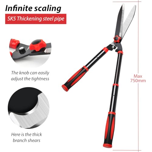 HASTHIP Hedge Shear with Telescopic Handle, 7.4in Mn Steel Blade, Shock-Absorbing Bumpers and Blade Tension Control Knob, Professional Heavy Duty Garden Hedge Pruning Shears Trimmers Clippers