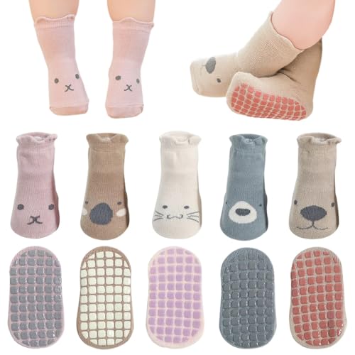 SNOWIE SOFT 5 Pairs Baby Socks Set 0 to 6 Months, Antislip Socks for New Born Baby, Non Slip Grip Ankle Socks with Non Skid Soles Infants Socks for Toddler Girls Boys 6-12 Months Baby Shower Gifts