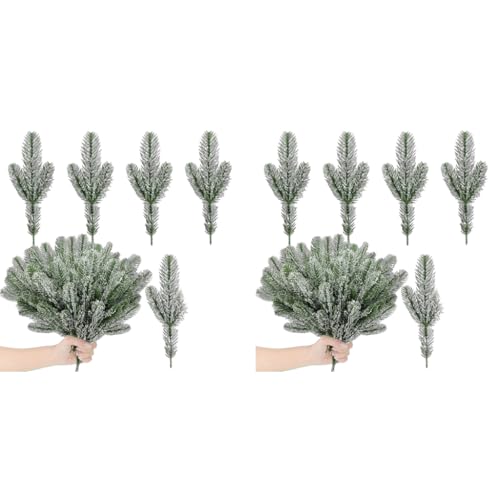 HASTHIP® 60PCS Christmas Tree Ornaments 10.24inches Snow Dusted Pine Branches Green Flocked Needle Multi Purpose Decorative for Garland Wreath Home Garden Décor