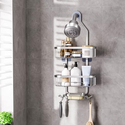Supvox® Wall Shower Caddy for Bathroom 2 Tier No-Drill Adhesive Mount Organizer Quick-Dry Mounted Shelves with Hook Soap Rack Rustproof Corner Storage 2PCS