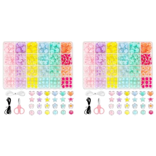 SANNIDHI® 174PCS Cute Beads for Bracelet Making Double Layer Crystal Set Macaron Color Kit Aesthetic for Kids Activity Girls Star Flower Round Jewellery DIY Hair Ties