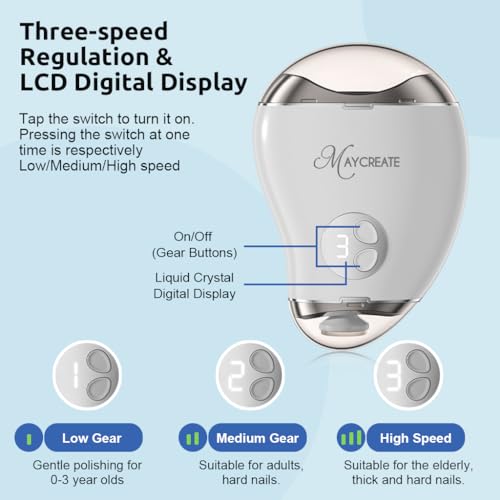 MAYCREATE® USB Baby Nail Trimmer with LED Light 2 in 1 Cordless Clipper Filer Dual Head Rechargeable 3 Speeds Safe Electric for Kids Adults 3PCS