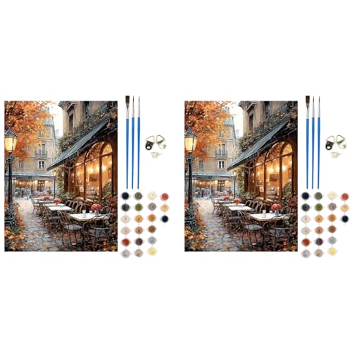 HASTHIP® Paint by Numbers Kit for Adults Street Cafe on Canvas for Beginners DIY Acrylic Oil Painting Kits for Home Wall Decor 2PCS