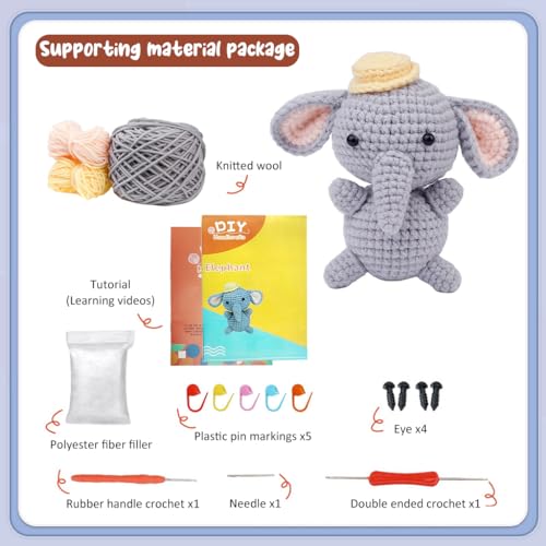 PATPAT® Crochet Stuffed Animal Kit Crochet Kit for Beginners DIY Knitting Kit Full Set Crochet Starter Kit with Yarn, Polyester Fiber, Crochet Hooks, Tutorial Video, Kids Christmas Gifts (Elephant)