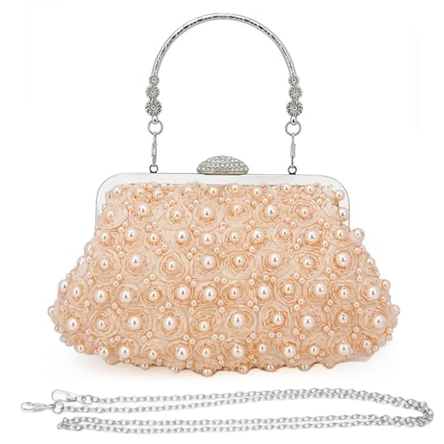 PALAY® Fashion Women Evening Bag Handbag Elegant Pearl Rose Clutch Bag with Detachable Metal Handle Evening Bag Evening Handbag for Banquet, Prom, Party