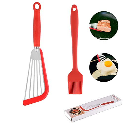 HASTHIP® Stainless Steel Fish Spatula and Silicon Oil Brush Set, Slotted Fish Turner Spatula, 12.4 inch Long Silicone Nonstick Fish Spatulas for Cookware, Anti-Scald Silicon Handle, Red