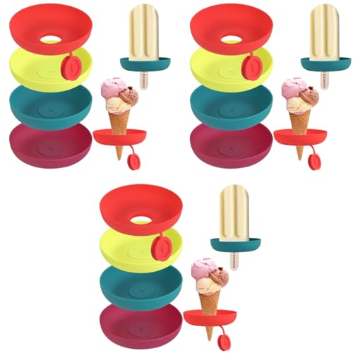 HASTHIP® Silicone Popsicle Drip Catcher 2 in 1 Ice Cream Cone Guard for Waffle Reusable Food Grade Holder Tray for Popsicle Pack of 4 3PCS