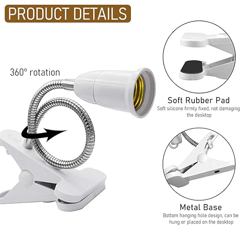 ELEPHANTBOAT® E27 Clamp Incandescent Light Holder With Metal Clip 360 Flexible Gooseneck And Switch Bulb Plug Socket Desk Base White 3PCS