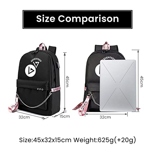 PALAY® K-POP Seventeen School Backpack Travel Backback Seventeen Fashion Print Backpack Suitable for Girls Laptop Backpack School Gift for Girls (Black)