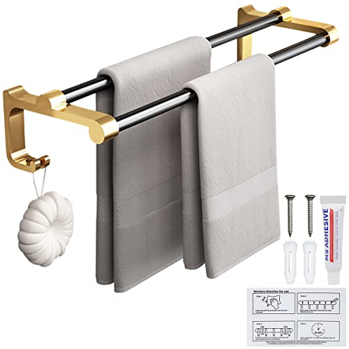 HASTHIP® Towel Hanger for Bathroom, Aluminum Towel Rack with 2 Towel Bar Towel Shelf & 2 Hooks, Towel Rack Rustproof Storage Wall Mount for Bathroom, Towel Stand, Hanger (24 Inch)