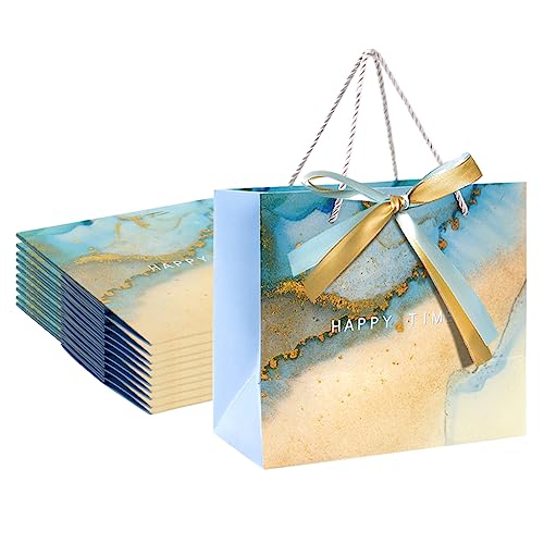 HASTHIP® 10pcs Gift Paper Bags, Gift Bags Medium Size with Bow Ribbon, Portable Paper Gift Bag with Handles, Birthday Gift Bags, Marble Pattern Present Bags for Diwali Christmas Wedding Party, Blue