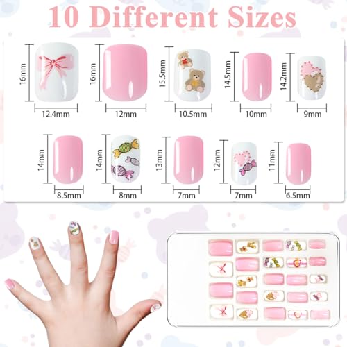 MAYCREATE® 24pcs Kids Press on Nails Children Girls Press on Short Artificial Fake Nails Stick on Cute Pre Glue Full Cover Acrylic Nail Tip Kit Gift for Kids Nail Decoration, Style B