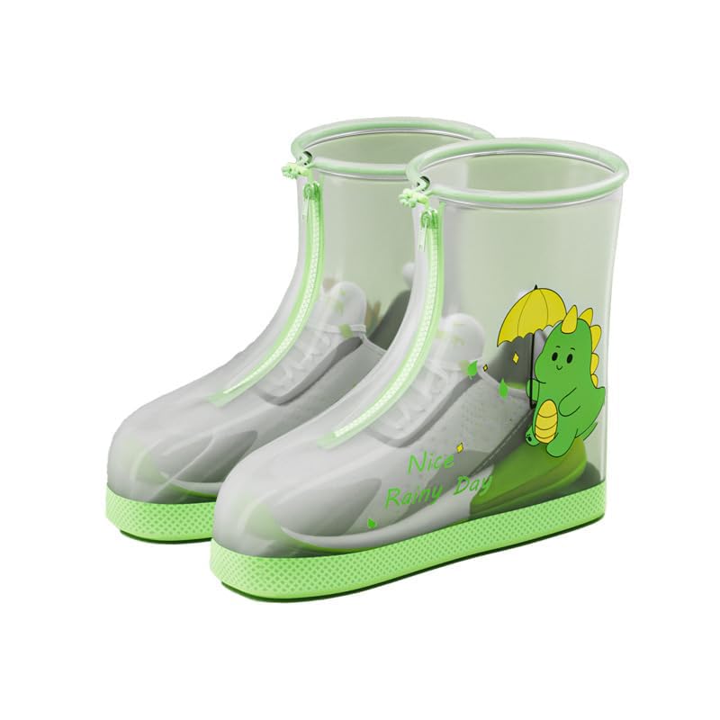 SNOWIE SOFT® Kids Shoe Covers Cartoon Dino Zip-up High Top PVC Shoe Cover Drawstring Closure Design Waterproof Outdoor Anti-slip Shoe Cover for Boys Girls with Shoe Size 2-3, 1 Pair