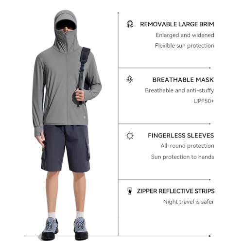 Venzina® UPF 50+ Sun Jacket for Men Lightweight UV Sun Protection Hoodie with Chin Strap, Quick Dry Sunscreen Clothing Long Sleeve Sun Shirts for Hiking Fishing, Grey, 2XL