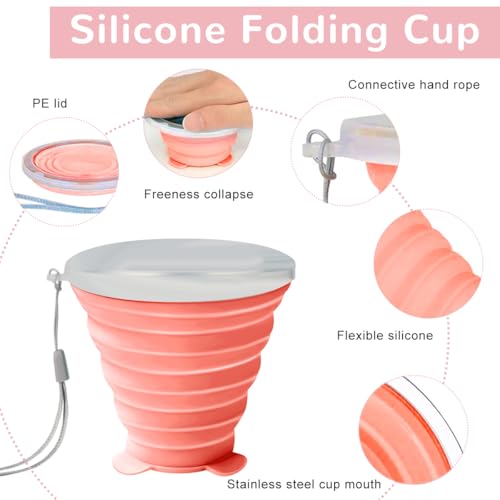 HASTHIP® 4 Pack Collapsible Cup for Travel Accessories Silicone Small Foldable Glass with Lids Reusable Expandable 180mL Drinking Cup Camping Accessories for Outdoor, Travel - Pink&Green