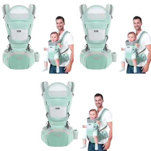 SNOWIE SOFT® 6 in 1 Green Baby Carrier with Lumbar Support Pockets Bib 360 All-Position Wrap Front Back Backpack for Newborn Infant Toddler Under 30Kg 3 PCS