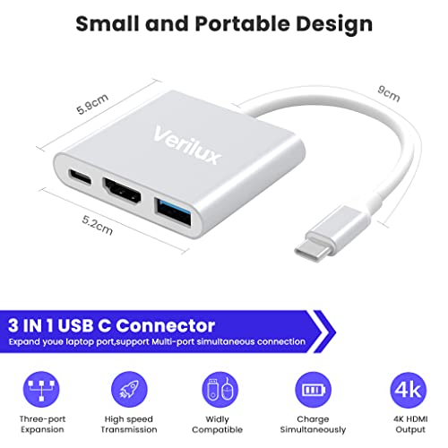 Verilux® USB C Hub,USB C to HDMI Adapter, 3 in 1 USB Type C Hub with USB C PD Port, HD 4k@30HZ HDMI, USB3.0 Port Compatible with Mobile Phone,TV, Projector,for MacBook Air/Pro