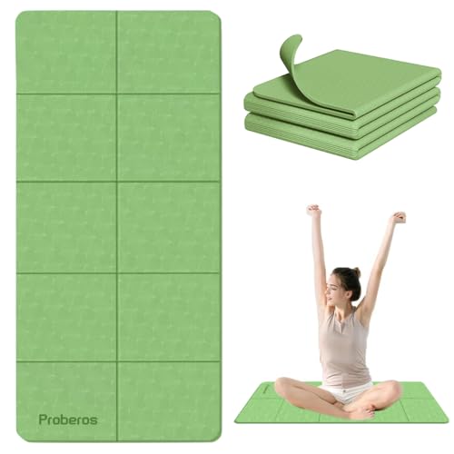 Proberos Portable Folding Yoga Mat with Carry Bag TPE Yoga Mat Anti-slip 5mm Thicken Fitness Yoga Mat for Men Women Pilates Mat for Home Workout, Gym, Travel, 72x24 inches, Green