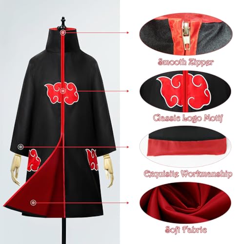 PATPAT® Akatsuki Costume Itachi Uchiha Anime Cosplay Set 8PCS Dress Cloak with Headband Ring Necklace Halloween Party for Kids Boys XXS Height 125-135cm