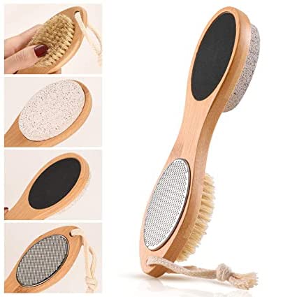 PatPat Foot Pedicure Brush for Callus Removal with 7.9 in Bamboo Handle and Soft Bristles | 4 in 1 Exfoliating Foot Care Tool