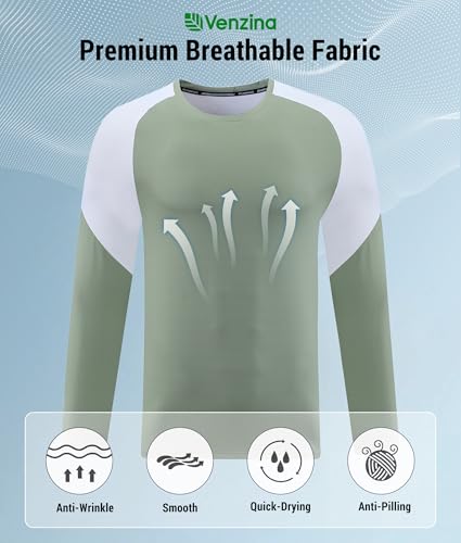 Venzina® Men's Workout Top Long Sleeve, Fashion Casual Athletic Shirt, Trendy Color Patchwork Design, Quick Dry & Moisture Wicking Sport Wear T-Shirt for Fitness, Sports, Running, Green- L