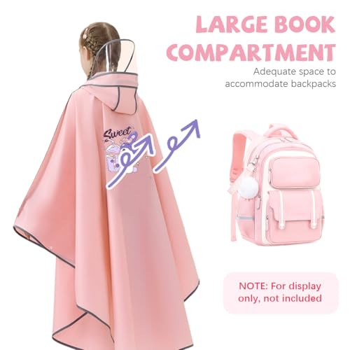 PATPAT® Bicycle Rain Poncho Rain Coat for Kids Girls, Outdoor Hooded EVA Rain Poncho with Clear Wide Brim, High Collar Rain Coat for School, Camping, Hiking, Riding, 3XL, Pink