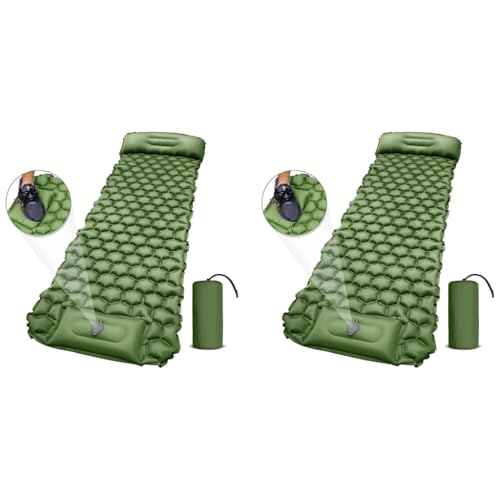 Optifit® Air Mattress with Pillow and Built-in Foot Pump Portable Folding Inflatable Sleeping Bed for Backpacking Hiking Traveling Tent Car Camping Accessories Single Nylon Green 2PCS
