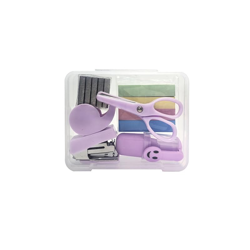 OFIFO® Set of 6 Office Stationeries Kit with Box, Mini Stapler, Staples, 4-Color Label Stickers, Clear Tape with Dispenser, Craft Mini Scissors, Marker Pen (Purple)