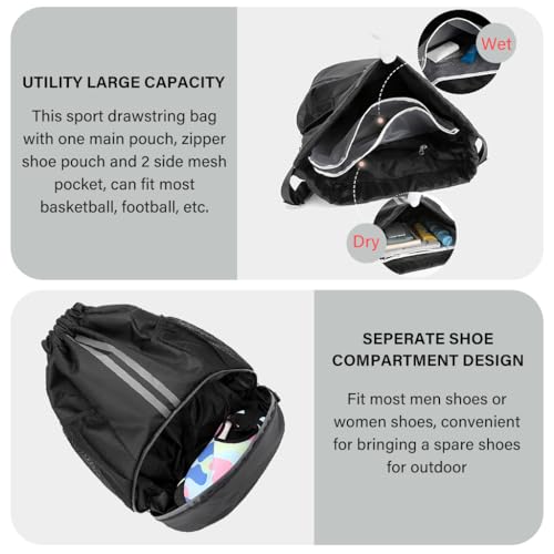 Optifit® Basketball Drawstring Bag With Shoe Compartment Large Capacity Fitness Backpack for Gym Football Outdoor Sports Water-resistant Fabric Black 2 PCS