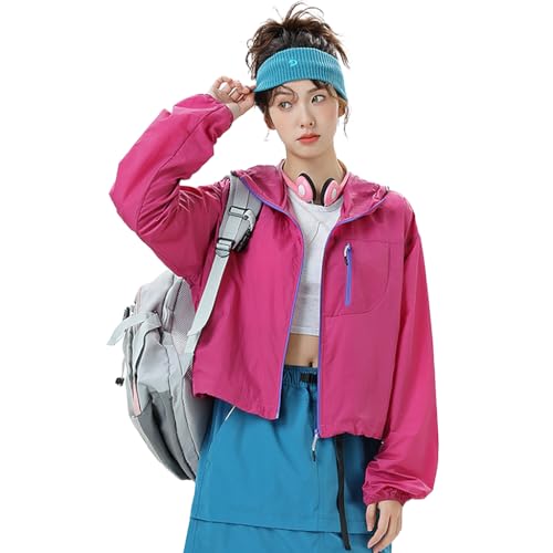 Venzina® UPF 50+ Sun Protection Jacket Stylish Cropped Sunscreen Top for Women Ultra-light Quick Dry Hoodie with Back Air Vent & Chest Zip Pocket, Water-Proof UV Coat for Outdoor/Travel, Hot Pink, XL