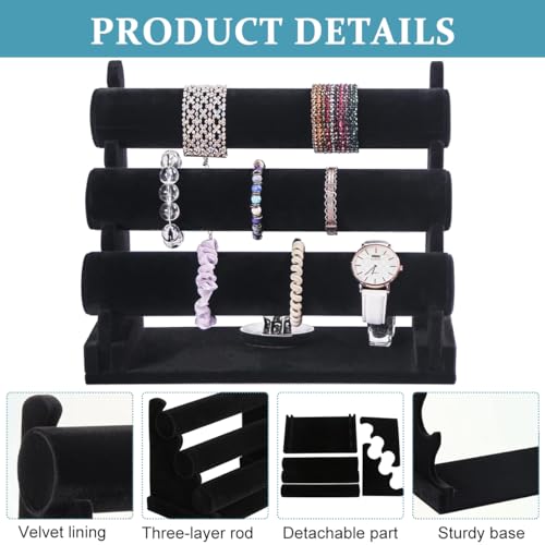 MAYCREATE® Bracelet Organizer 3-Tier Bracelets Holder Jewelry Display Stand for Watch, Bangle, Bracelet - Detachable Velvet Desk Showcase Storage Rack, Black