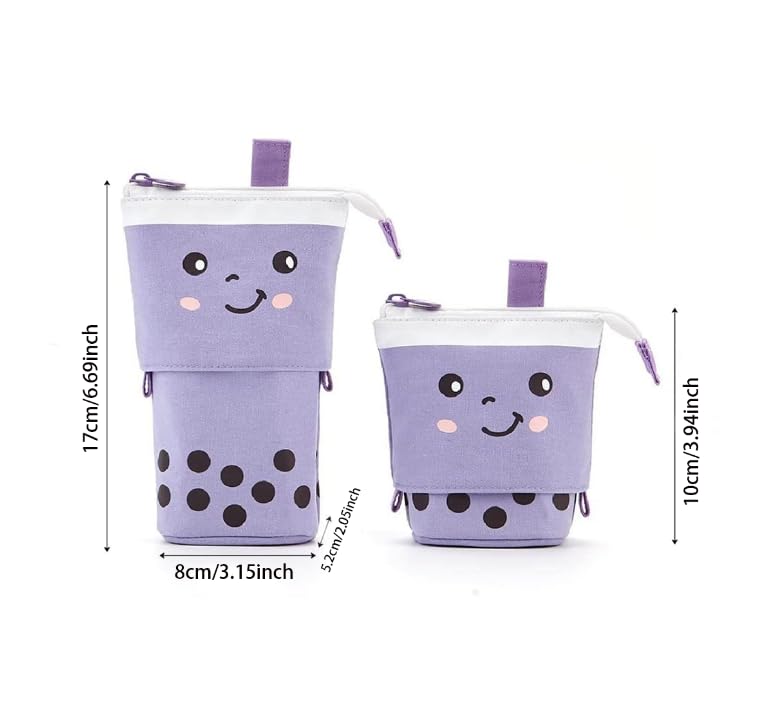 Zibuyu Telescopic Standing Pencil Case for School and Office with Dual Handles and Canvas Design | Cute Purple Boba Tea Holder for Girls