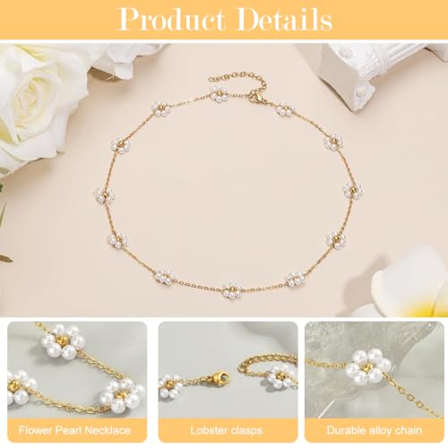 SANNIDHI® Pearl Necklace for Women Girls Flower Pendant Necklace with Gift Box Gold Plated Stainless Steel Chain Jewellery Valentine Birthday Gifts for Women Girls Sister Girlfriend X 3