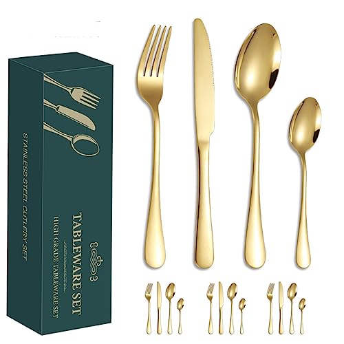 HASTHIP® 16 Pcs Cutlery Set, Knives, Dinning Spoon and Fork, Food Grade Stainless Steel Flatware Cutlery Set for Home, Kitchen and Restaurant, Mirror Polished, Dishwasher Safe (Gold)