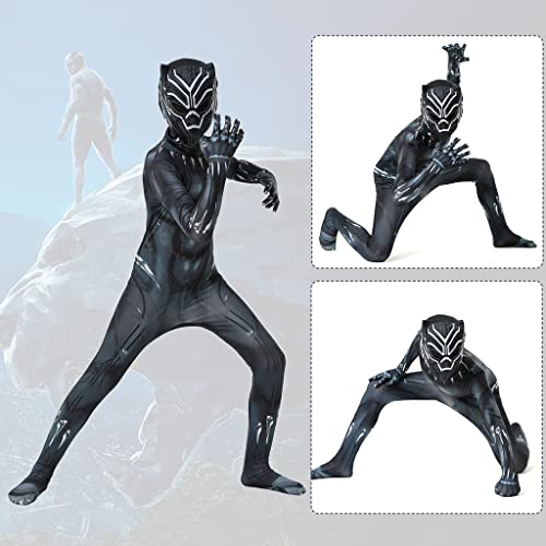 FANCYKU® Black Panther Mask Jumpsuit for Kids, 3D Digital Prints Black Panther Costume Toys for Children, Breathable Spandex Superhero Fancy Dress for Boys Girls Party Cosplay (for Height 115-125cm)
