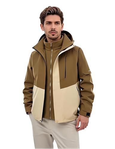 Venzina® Men's 3-in-1 Outdoor Hiking Jacket, Lightweight Windproof Waterproof Jacket with Detachable Fleece Liner for Winter Sports, Camping, Travel, Army Brown-M