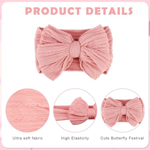 SNOWIE SOFT® 6PCS Hair Bands for Baby Girls 0-24 Months 3-Color Nylon Turban Knotted Pink Bow Girl Super Stretchy Headbands Accessories