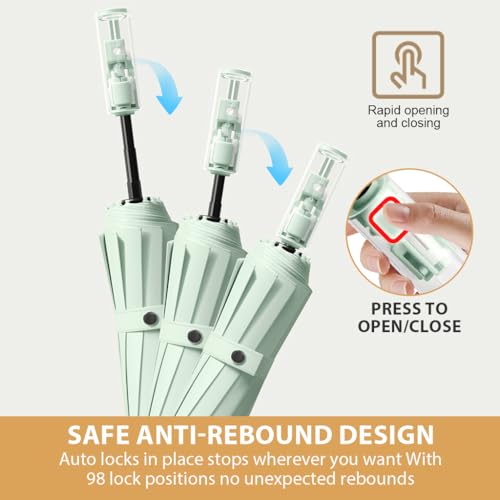 PALAY® Big Umbrella for Rain and Sun Protection Windproof Reinforced 12 Ribs Sectional Closure Compact Travel 3 Fold with Mechanical Handle for Women Men Green 2PCS