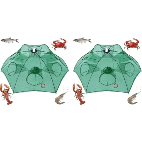 Proberos® Foldable Fishing Net Trap with Rope 6-Hole Collapsible Steel Bar Cage Automatic Folding Portable Nylon Bait for Fish Crab Lobster Minnow Shrimp Crawfish Outdoor Accessory 2 PCS