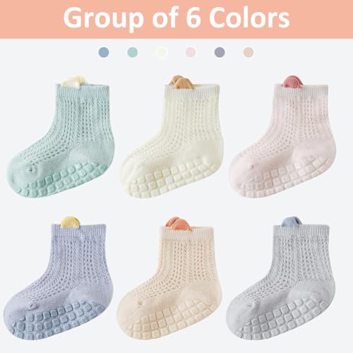 SNOWIE SOFT® 6 Pairs Baby Socks Set 0 to 6 Months, Summer Breathable Antislip Socks for New Born Baby Toddlers Floor Socks Cotton Socks Non Slip Grip Ankle Socks Infants Girls Boys 0-18 Month(S Size)